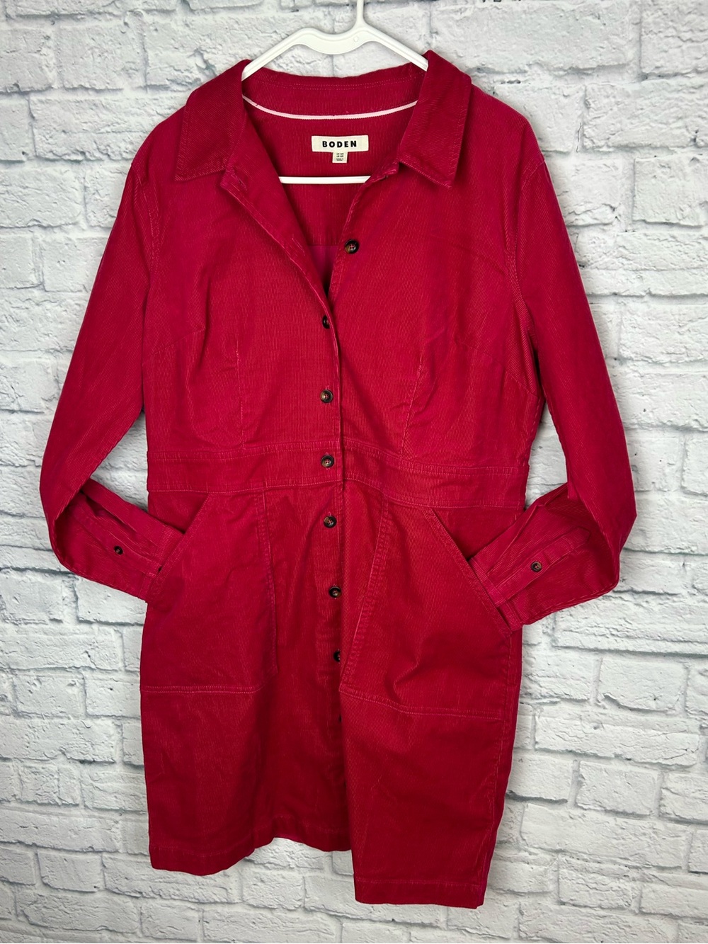 Boden Corduroy Shirt Dress US 12R Pink Red Button Front Utility Midi